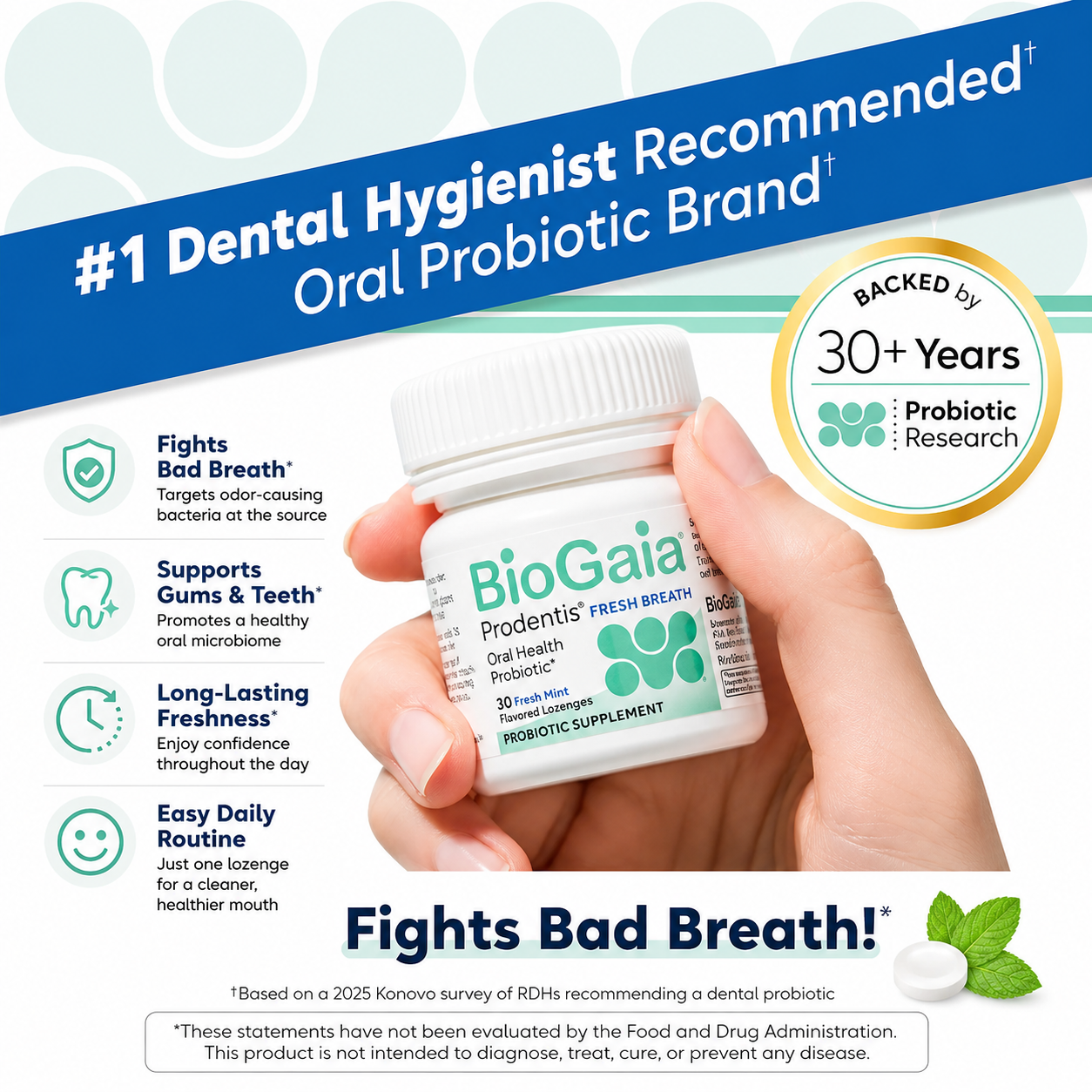 BioGaia Fresh Breath Dental Probiotic Lozenges with Zinc