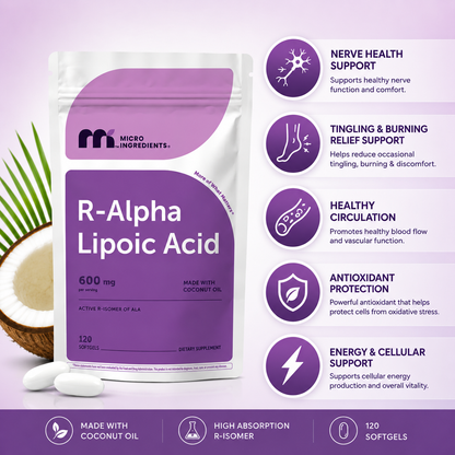 Micro Ingredients R Alpha Lipoic Acid 600mg with Coconut Oil, 120 Softgels